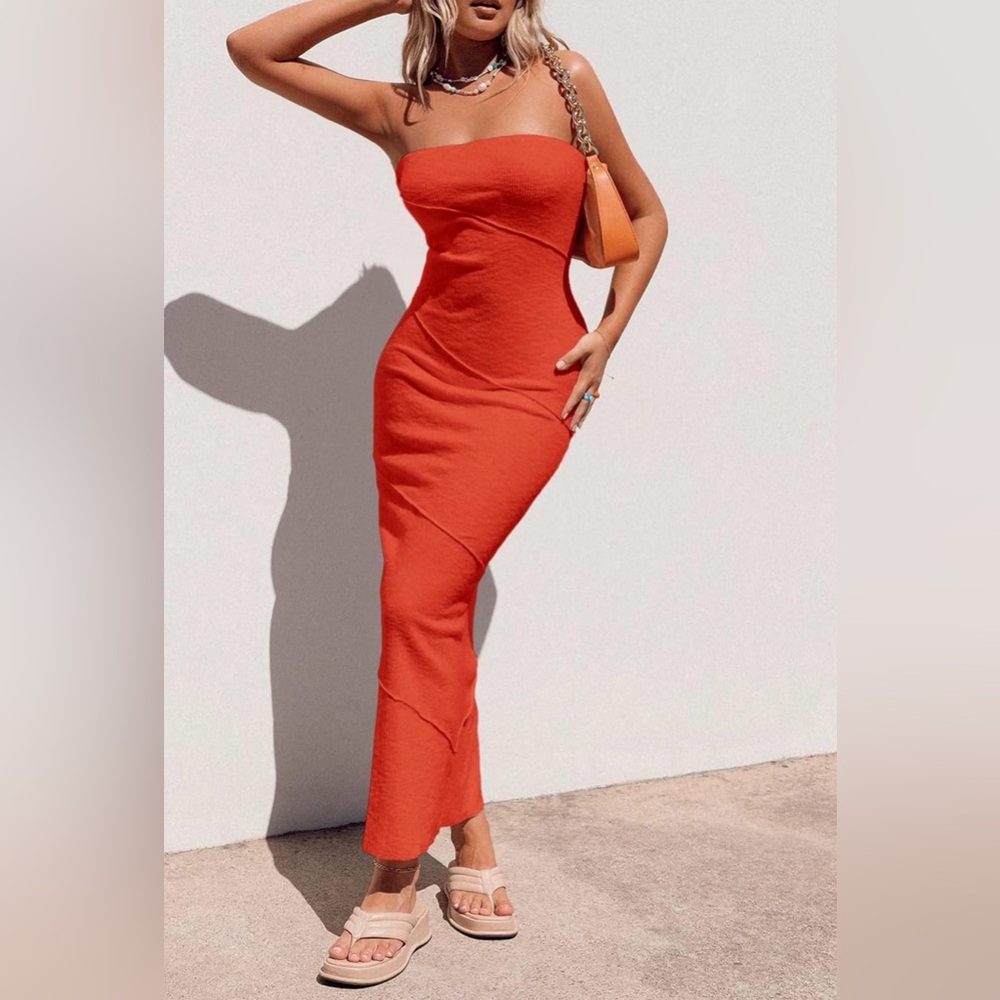Ribbed Maxi Bodycon Dress Summer Strapless Tube Y2K Party Club Long Dresses